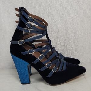 Tabitha Simmons Velvet Strappy Buckled Cage Pointed Toe Pump Glitter Block Heel